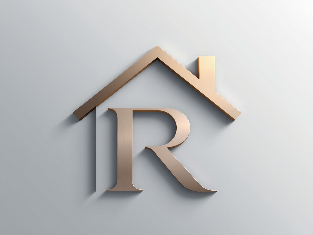 Elegant stylized letter 'R' integrated into a house silhouette, sleek metallic finish, soft gradient background, vector illustration, 8k render for branding